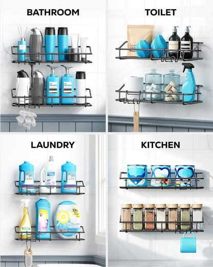 Nieifi Shower Caddy Shelf Storage Rack Adhesive Without Drilling Stainless Steel with Hooks for Washroom, Lavatory, Restroom, Toilet, Bathroom, Kitchen - 2 Pack