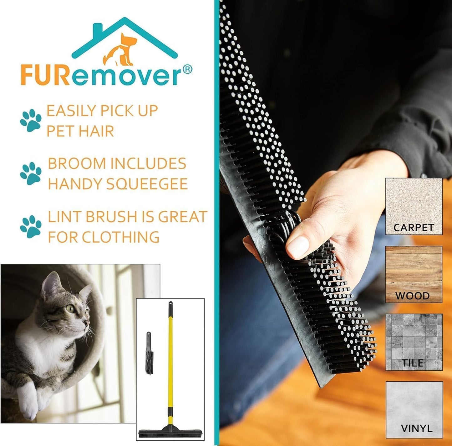 FURemover Pet Hair Removal Rubber Broom, 61" Telescopic Handle