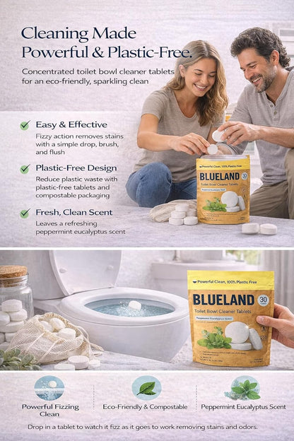 BLUELAND Toilet Bowl Cleaner Tablets. Peppermint Eucalyptus Scent. 30 Tablets.