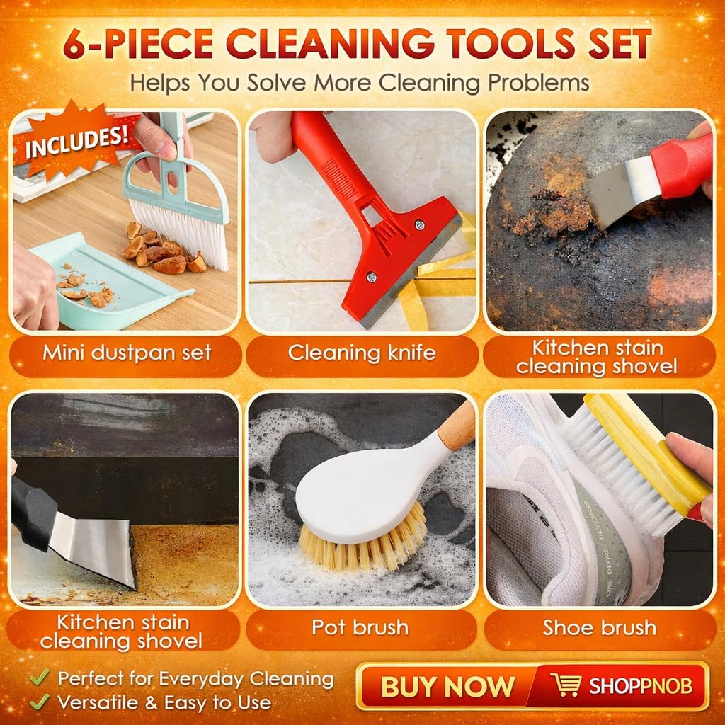 Broom and Dustpan Set with Long Handle, Upright Standing Self-Cleaning Combo, Windproof Dustpan with 6 Bonus Cleaning Tools for Pet Hair, Home, Kitchen, Garage & Apartment