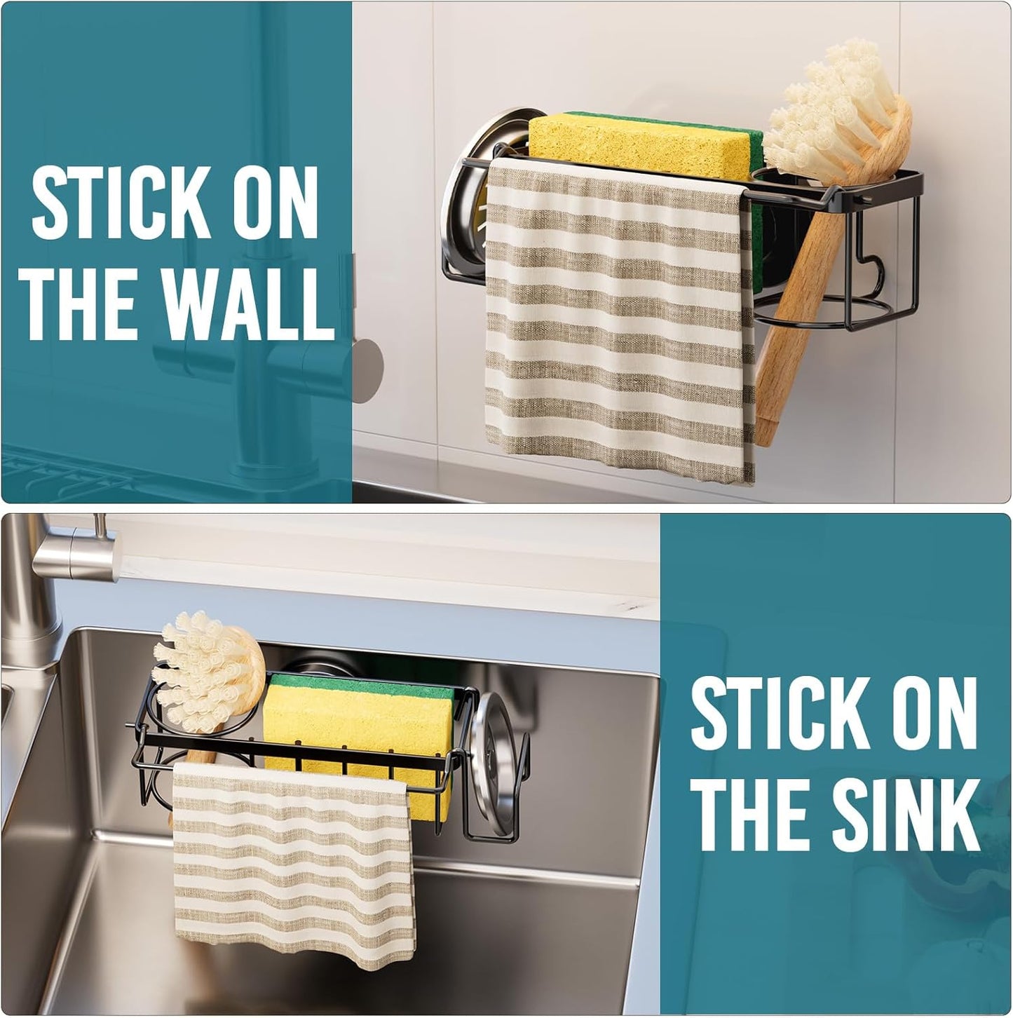 TAILI Sponge Holder for Kitchen Sink with Strong Suction Cup, Rustproof Aluminum Sink Caddy for Sponges, Removable Sponge Holder, Dish Brush for Scraper - Silver