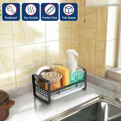 HULISEN Large Sponge Holder, 304 Stainless Steel Kitchen Soap Dispenser Caddy Organizer, Countertop Soap Dish Rack Drainer with Removable Drain Tray, not Including Dispenser and Brush, Silver