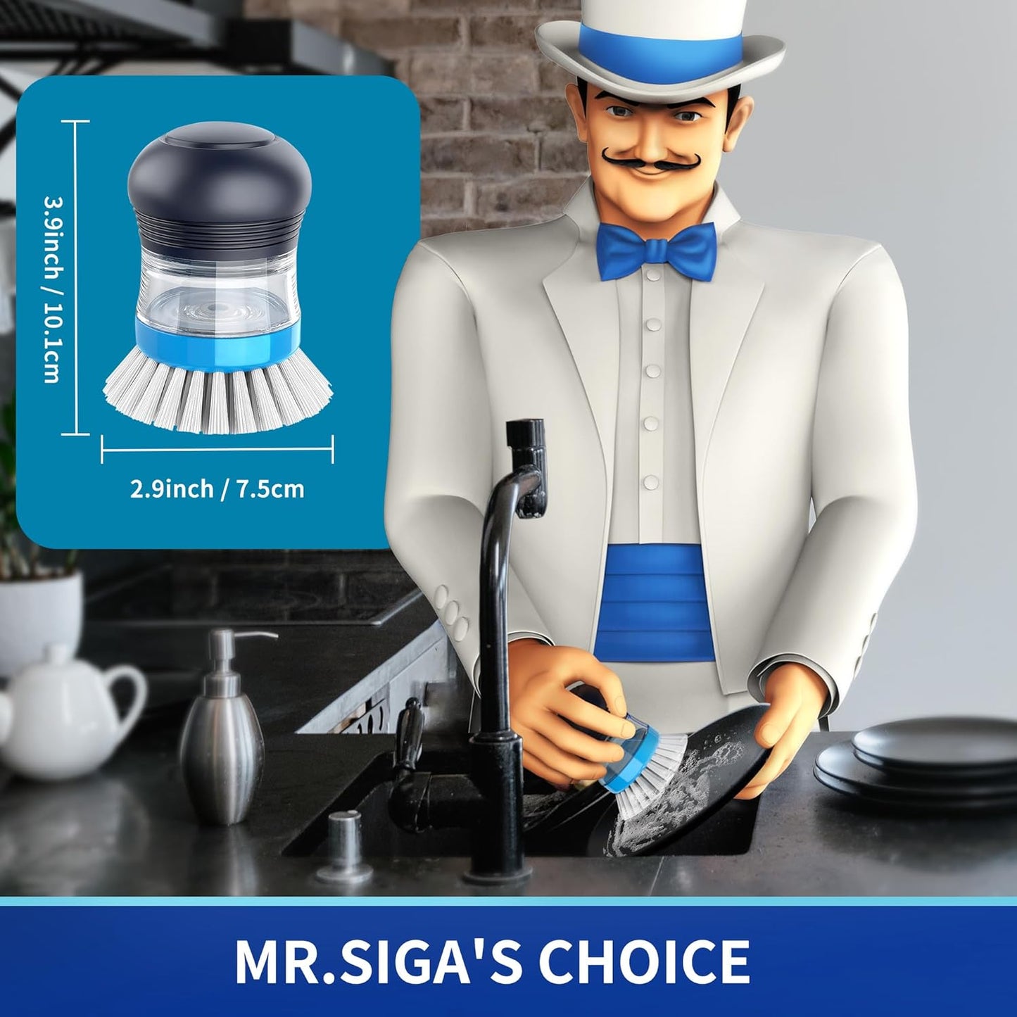 MR.SIGA Soap Dispensing Palm Brush, Kitchen Brush for Dish Pot Pan Sink Cleaning, Pack of 1, Navy/Blue