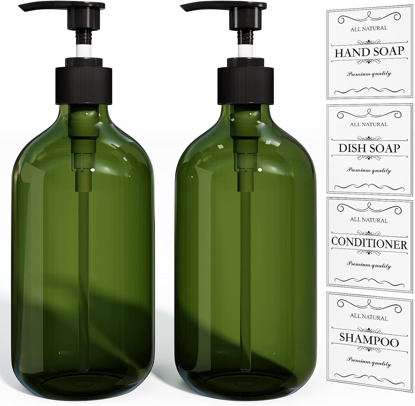 Kzeirm Green Soap Dispenser, Dish & Hand Soap Dispenser Set for Bathroom & Kitchen, Refillable Pump Bottle Dispenser, Plastic Empty Soap and Lotion Dispenser for Liquid, 2 Pcs