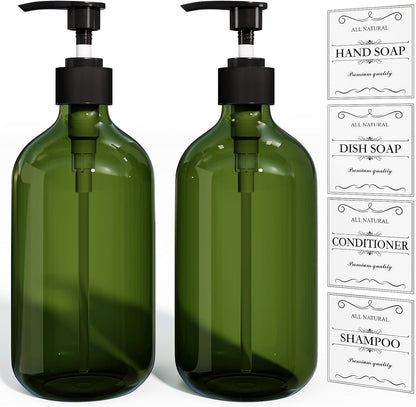 Kzeirm Green Soap Dispenser, Dish & Hand Soap Dispenser Set for Bathroom & Kitchen, Refillable Pump Bottle Dispenser, Plastic Empty Soap and Lotion Dispenser for Liquid, 2 Pcs