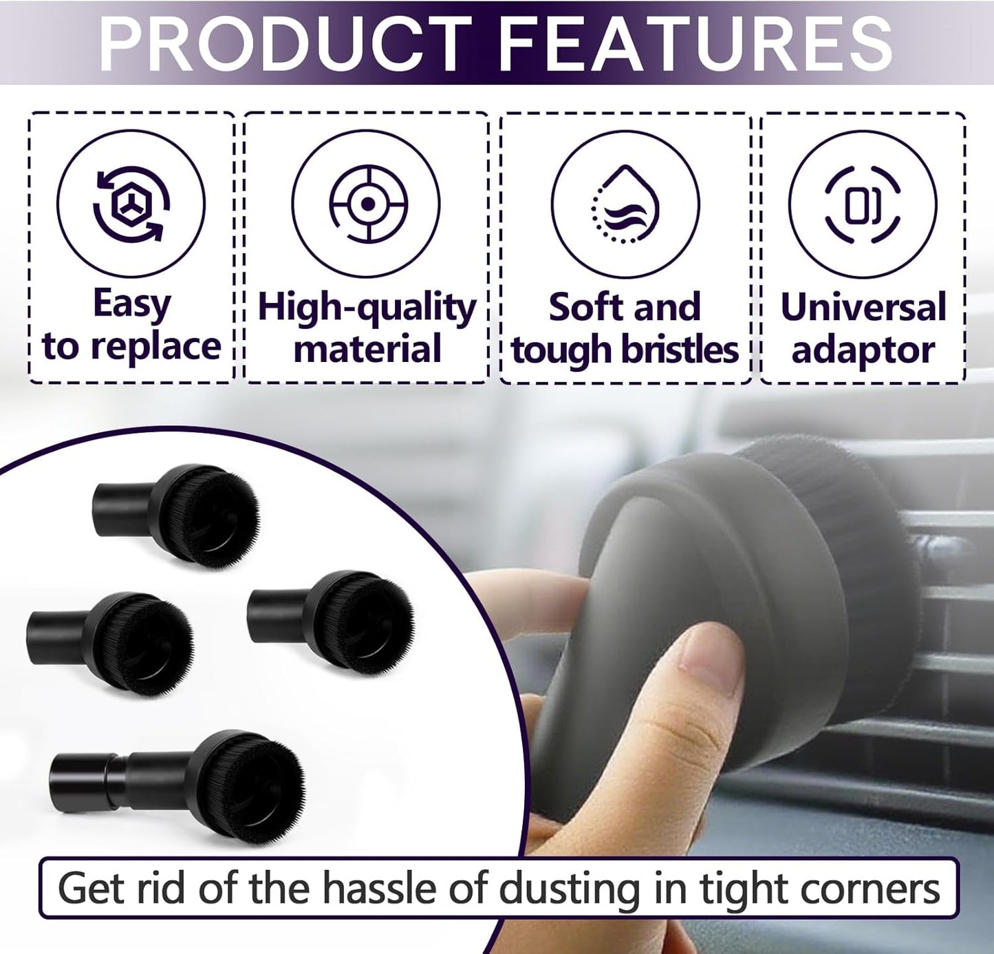 3PCS Horse Hair Brush Vacuum Attachment Set - Black Round Horse Hair Vacuum Attachments & Brushes - Shop Vac Brush Attachment for Most Vacuum Cleaners Accessories - 1 1/4" Vacuum Attachments Included