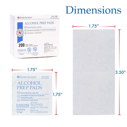 Henry Schein Large Alcohol Prep Pads (200/Box) - 70% Isopropyl Alcohol Wipes, Individually Wrapped - 2 ply, Textured - Skin Prep Alcohols Swabs - Sterile Pads