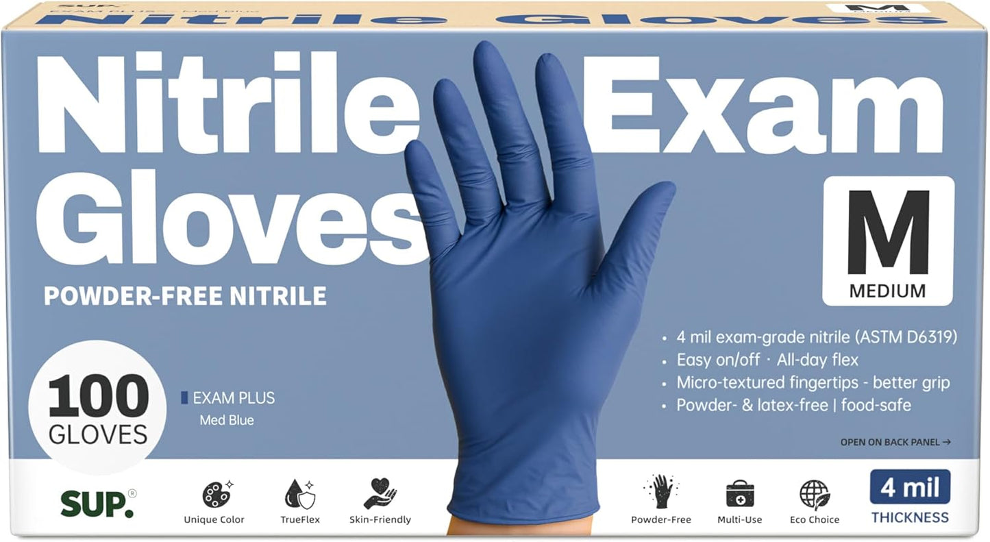 SUP Powder-Free Nitrile Exam Gloves, 100 Count Food Safe Latex-Free Medical Non-Sterile Cooking Disposable Glove, Blue