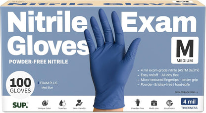 SUP Powder-Free Nitrile Exam Gloves, 100 Count Food Safe Latex-Free Medical Non-Sterile Cooking Disposable Glove, Blue