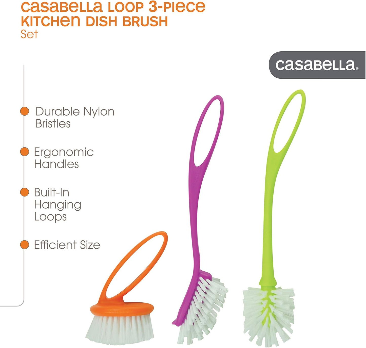 Casabella Loop 3-Piece Dish Brush Set - 15519AZ(Colors May Vary), Red Yellow Purple