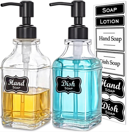 JASAI 2Pack Glass Soap Dispenser with Black Rust Proof Pump, Refillable Dish Soap Dispenser with for Kitchen and Bathroom.