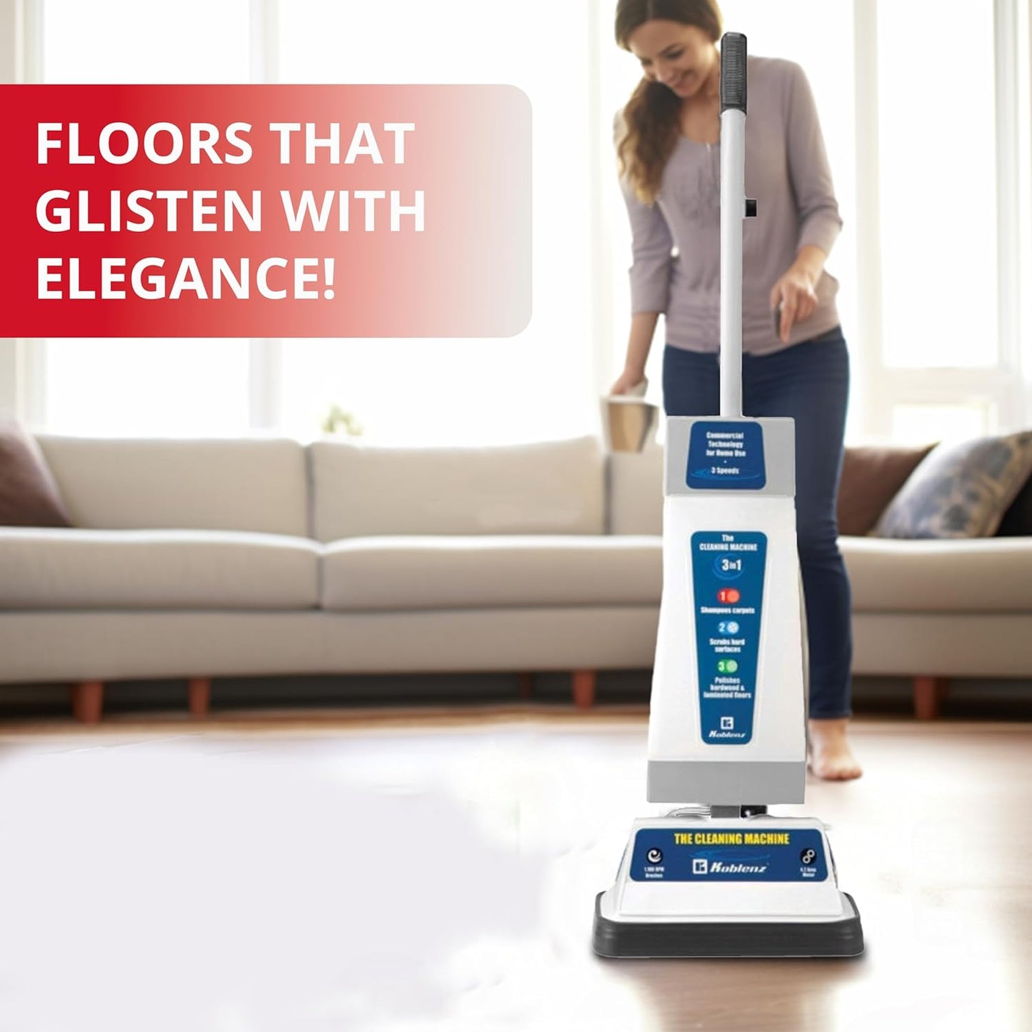 Koblenz Shampooer and Polisher Cleaning Machine, Floor Cleaner with 1100-rpm Motor, 5' Power Cord, 120-oz Tank, 2-Speed Settings, Scrubbing Brushes, Lambswool Pads, and Polishing Pads, P-820 B