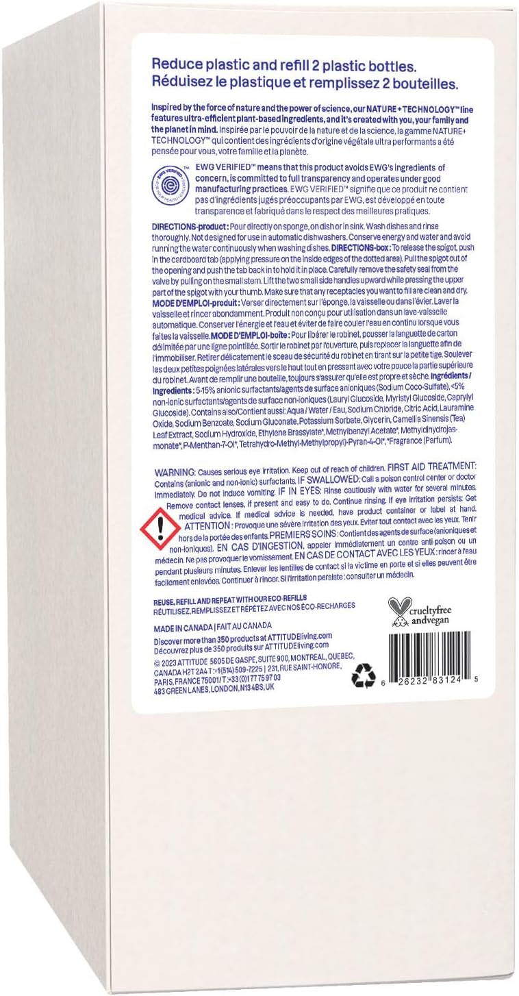 ATTITUDE Dish Soap Refill, EWG Verified, Plant-Based & Vegan Dishwashing Liquid, Naturally Derived, Unscented, 67.6 Fl Oz
