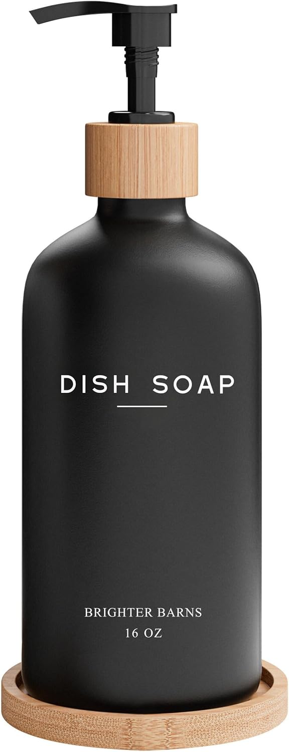 Clear Glass Dish Soap Dispenser by Brighter Barns - Kitchen Sink Set With Bamboo Tray - Modern Decor and Accessories, Minimalist Neutral Home (Clear)