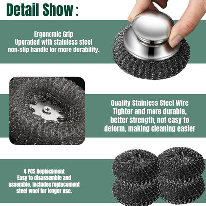 Steel Wool Scrubber with Handle: 7Pcs Stainless Steel Scrubber Brush Set – 1 Long Brushes,1 Short Brushes,4 Replaceable Pads,1 Screwdriver for Home Cooks,BBQ Enthusiasts,Anti-Scratch,for Kitchen