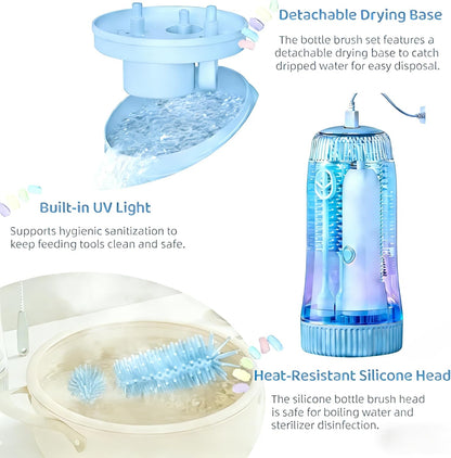 Portable Electric Silicone Bottle Brush Set, 7-in-1 UV Light USB Charging, Nipple/Straw Cleaner, Milk Mixer, Built-in Drying Rack & Storage Case, BPA-Free, IPX7, On-the-Go for New Parents (Mint)
