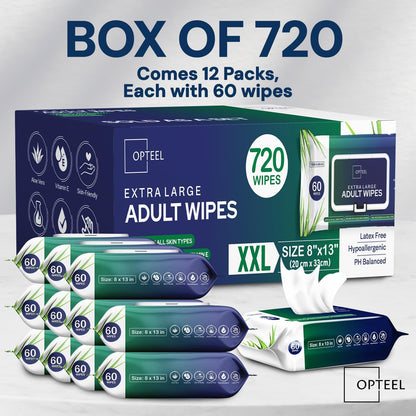 OPTEEL Adult Wipes For Elderly - 8"x13" Extra Large & Soft Wet Wipes for Adults Bathing - Incontinence Disposable Washcloths, Vitamin E & Aloe Infused for Men & Women 720ct (12 Packs of 60)