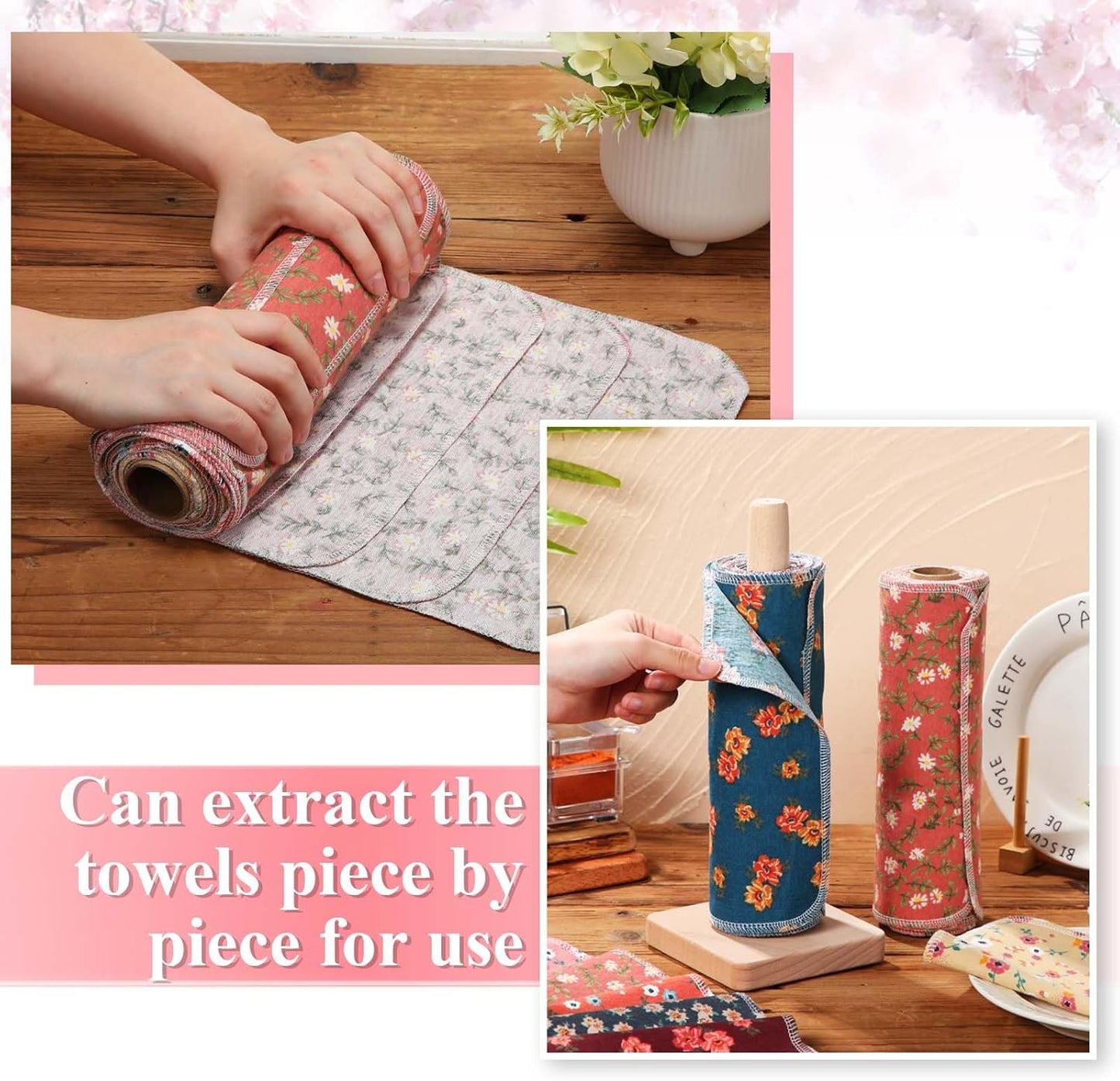 Redbaker 50 Pcs Reusable Paper Towels Paperless Reusable Cotton Cloths Toilet Absorbent Washable Paper Towels with Roll Kitchen Dishcloth for Kitchen Paperless Dishcloths(Stripe)