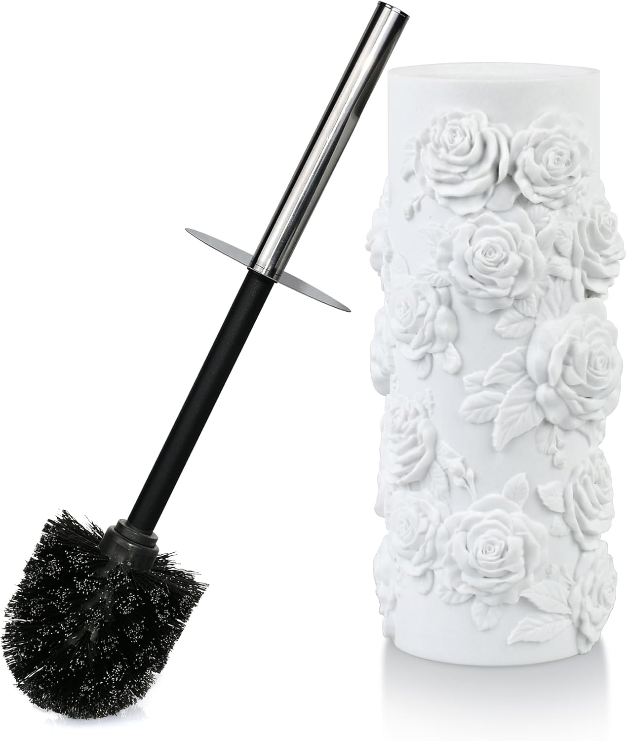 White Floral Branches Design Resin Toilet Bowl Brush and Holder Set, Elegant Bathroom Cleaning Tool with Durable Bristles, Compact and Functional