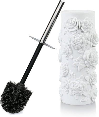 White Floral Branches Design Resin Toilet Bowl Brush and Holder Set, Elegant Bathroom Cleaning Tool with Durable Bristles, Compact and Functional