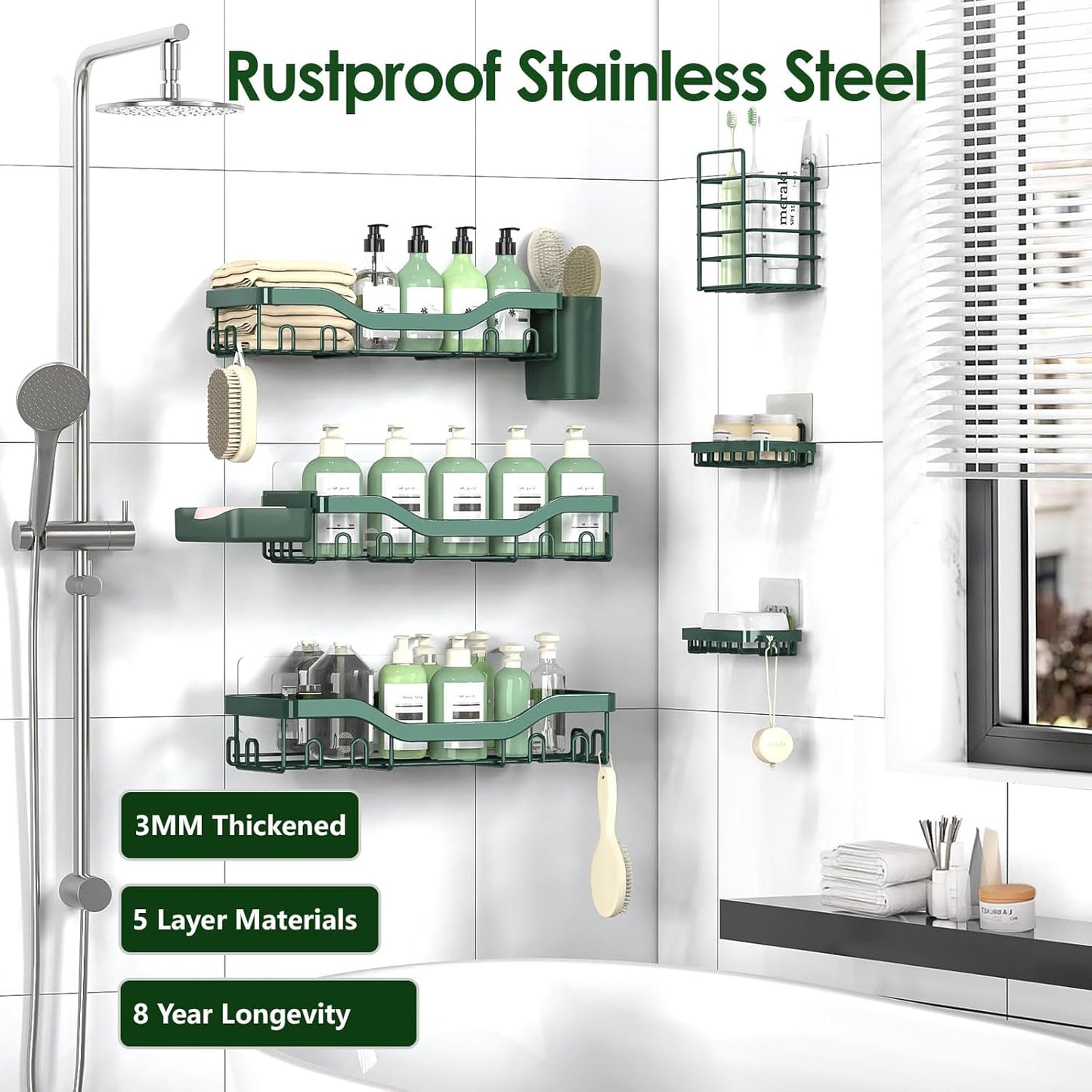 NESOMI Shower Caddy Adhesive Shower Organizer 7-Pack, Rustproof Stainless Steel Bathroom Shelves, Large Capacity No-Drill Rack Storage Accessories with Soap Dish Toothbrush Holder &24 Hooks Home Decor