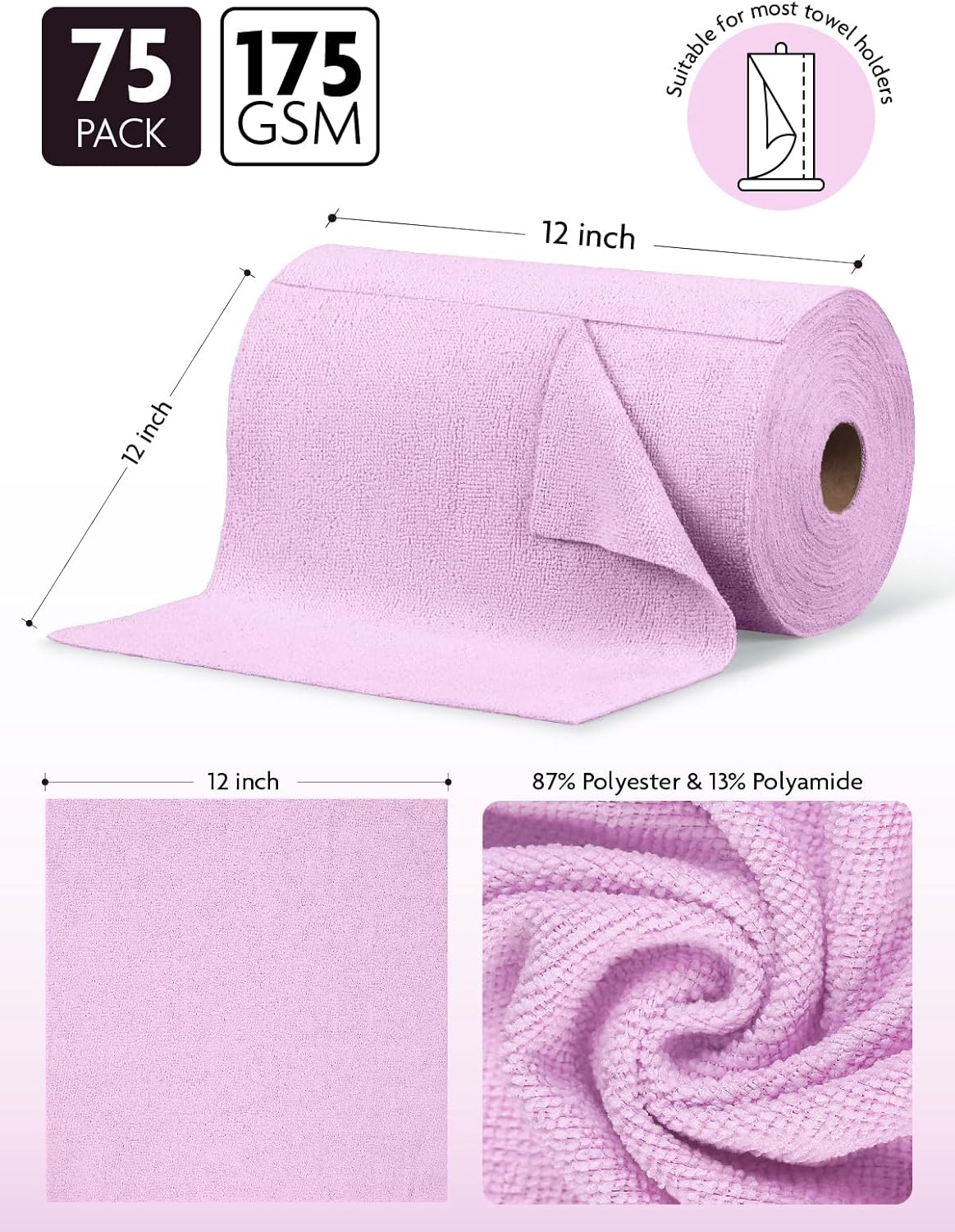 Fantasticlean Microfiber Cleaning Cloth Roll -75 Pack, Tear Away Microfiber Towels, 12" x 12", Reusable, Washable, Scratch Free, Ultra Absorbent Dishcloth for All-Around Cleaning Supplies (White)