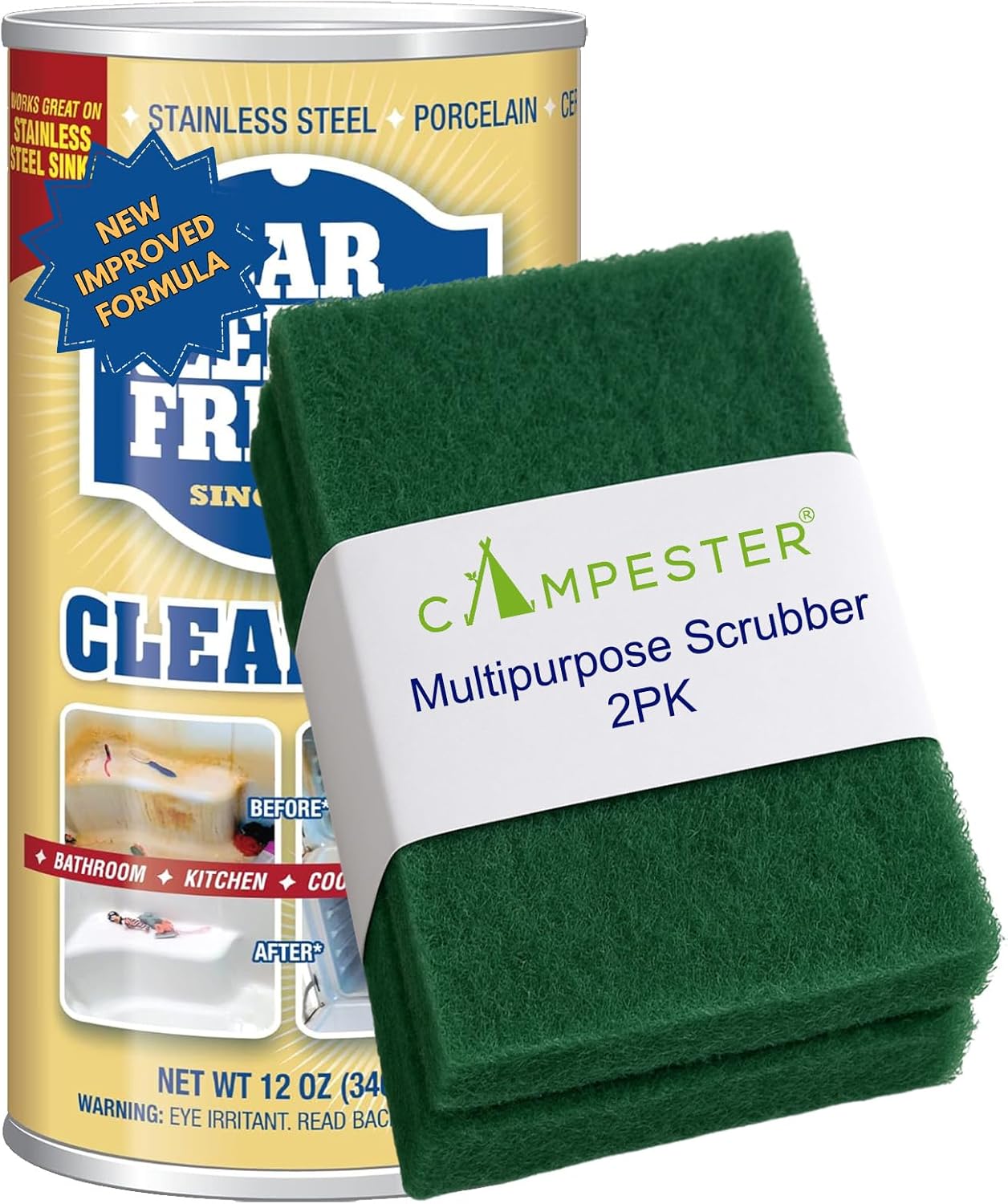 Multipurpose Scrubbers Bundle for Bar-Keeper's Friend Powder Cleanser 12 oz. Stain Rust Remover. Bathroom, Kitchen Cleaner, Stainless Steel, Aluminum, Brass, Tile, Ceramic, Porcelain