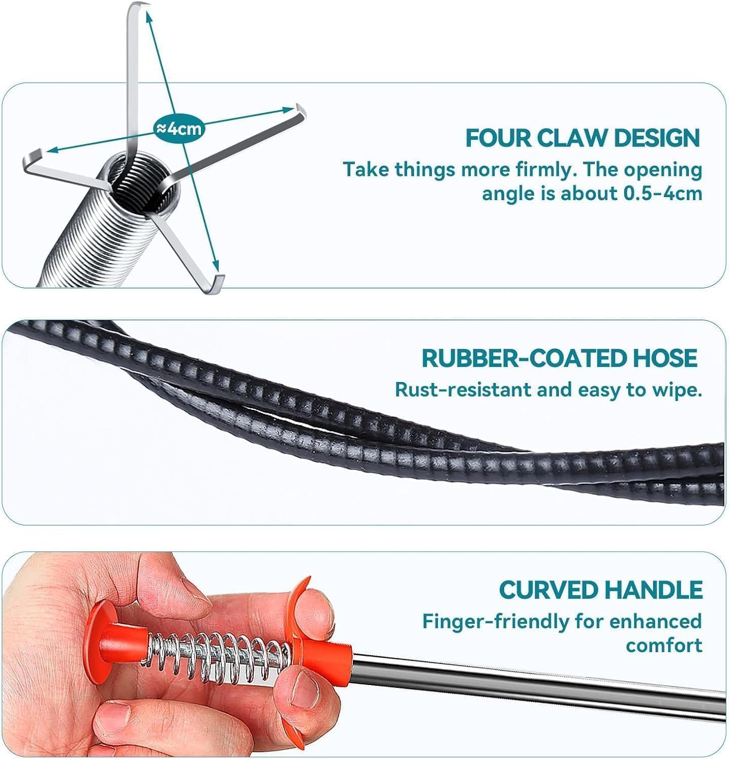 76 Inch Drain Snake Clog Remover, Flexible 4-Claw Grabber Tool,Toilet Sink Shower Bathtub Drain Cleaner for Hair Removal