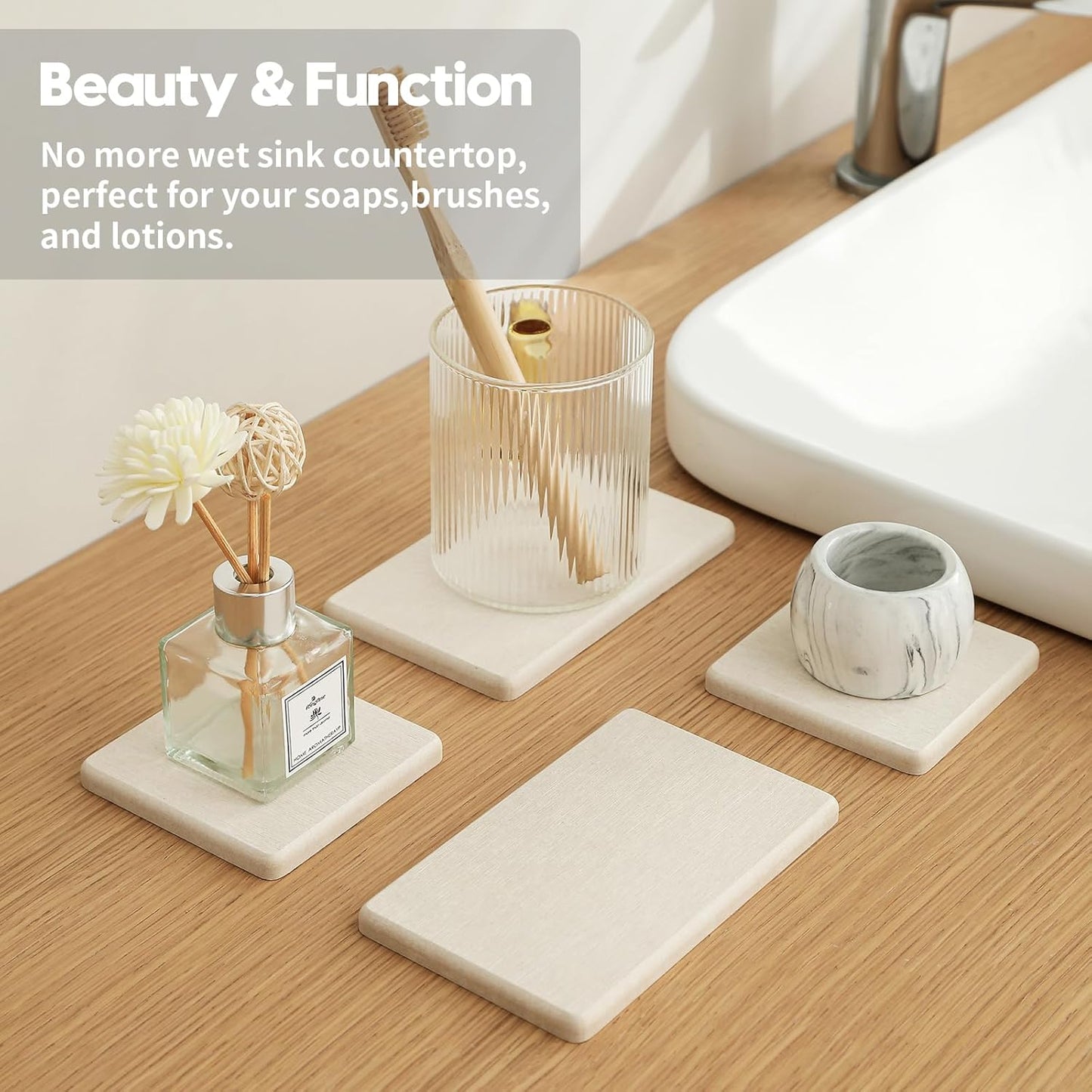 2PCS Water Absorbing Stone Drying Tray for Kitchen Counter & Bathroom Sink, Diatomite Faucet Splash Guard, Soap Dispenser Rack & Sponge Holder Caddy Organizer, Marble White (Printed Pattern), 9"x 3.5"