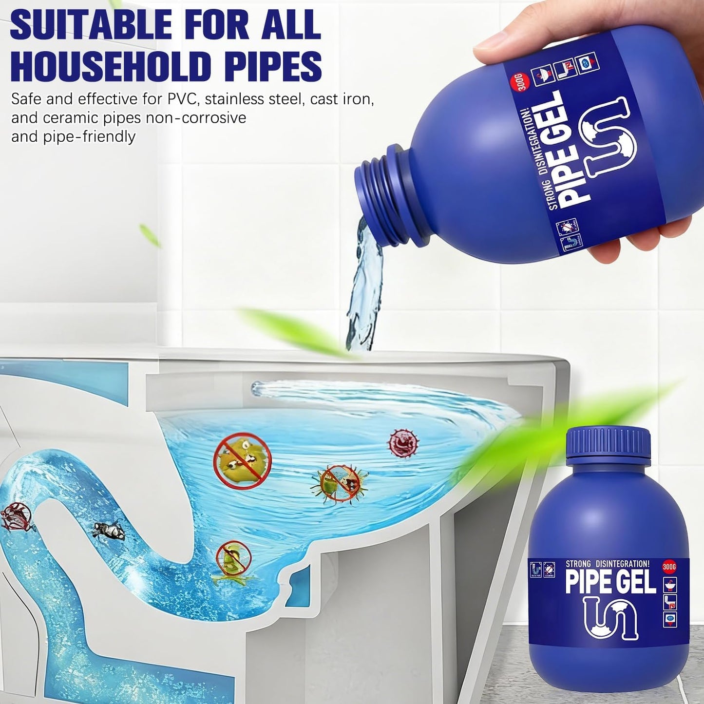 Pipe Bobo Drain Cleaner 10.6OZ, Professional-Grade Drain Clog Remover for Kitchen Sink, Powerful Unclogging, Unclog drains, clog remover, Shower, Tub, Compatible with All Pipe Materials