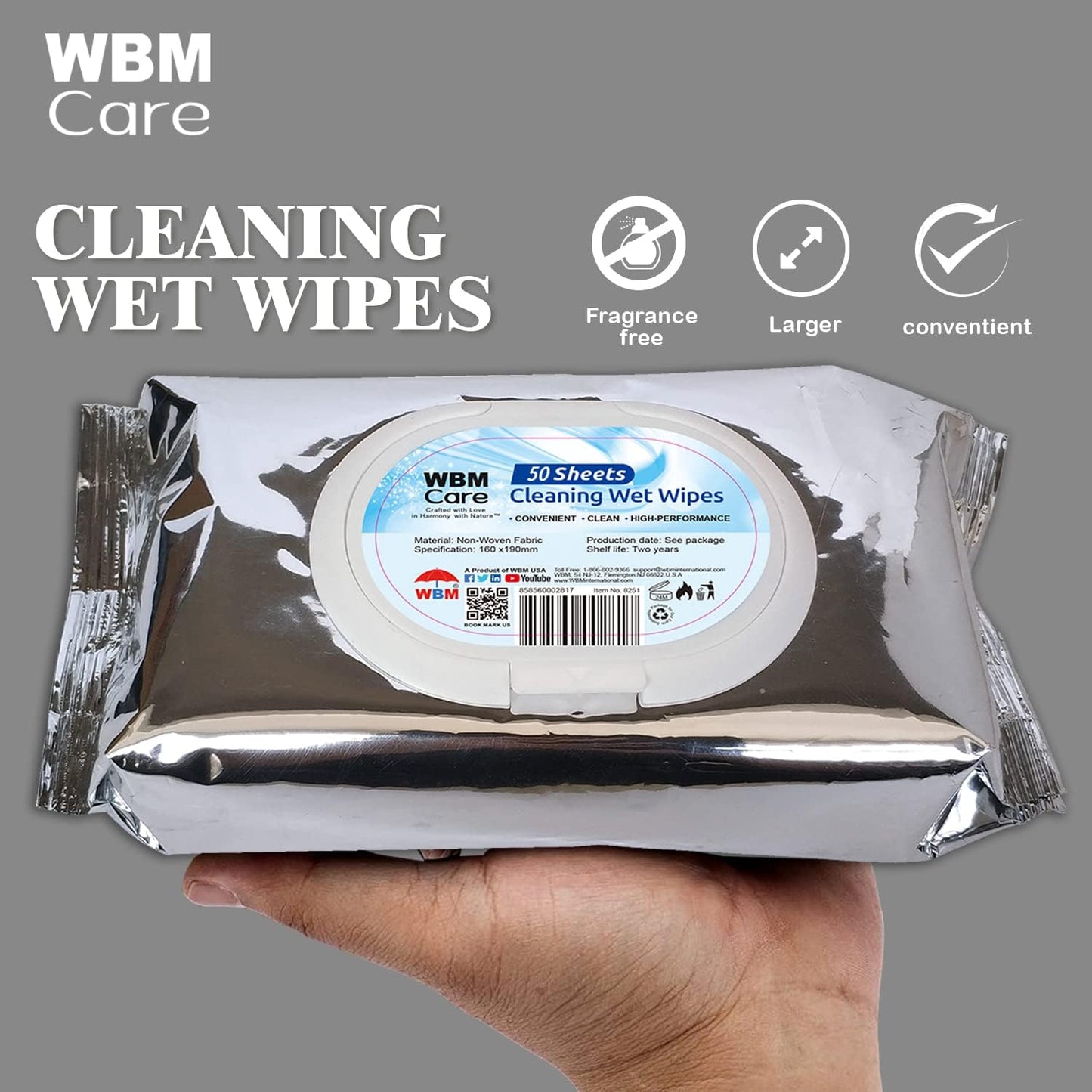 WBM Care Cleaning Wipes, Thick & Strong for Easy Cleaning, Flip Top Dispenser, Unscented and Convenient, For all Types of Surfaces, Wet Wipes, 50 Sheets (Pack of 3) (8251A-3PCS)
