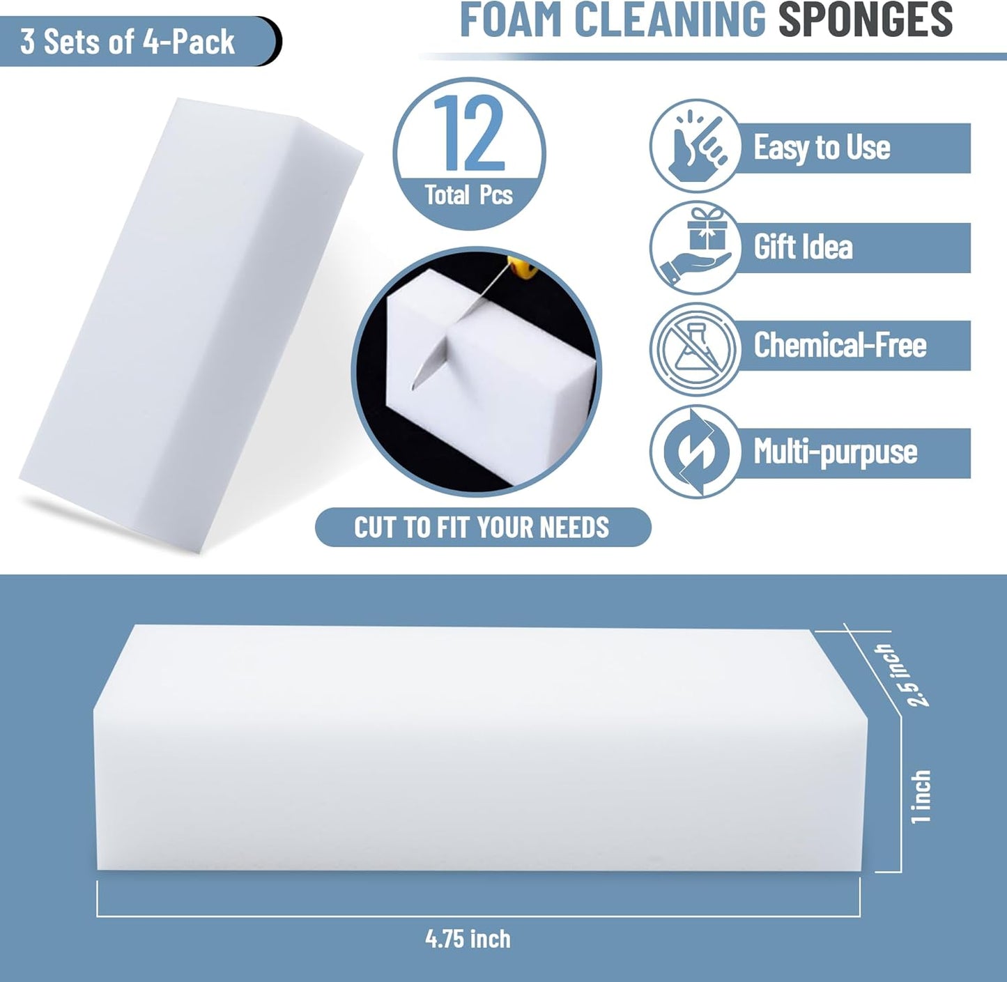 SM Arnold Magic Eraser Melamine Foam Cleaning Sponges, 3 Sets of 4-Pack (Total 12 Pcs) - Multi-Surface Miracle Eraser, Ideal for Home/Office | Easy-to-Use, Chemical-Free, Long-Lasting Cleaning Aid