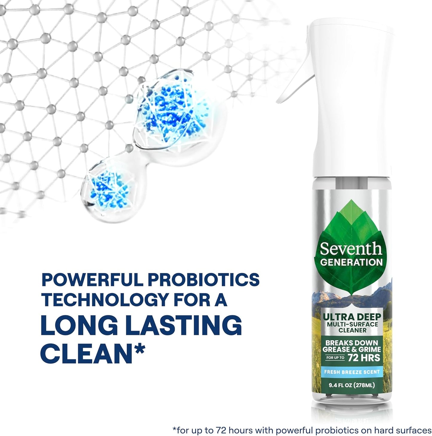Seventh Generation Ultra Deep Probiotic Multi Surface Cleaner, 9.4 Fl Oz, Fresh Breeze, 80% USDA Biobased All Purpose Cleaning Spray, Breaks Down Tough Grease & Grime, Safe for Kids & Pets