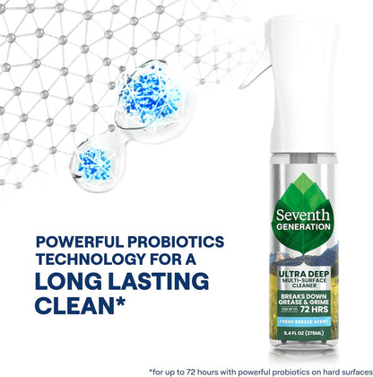 Seventh Generation Ultra Deep Probiotic Multi Surface Cleaner, 9.4 Fl Oz, Fresh Breeze, 80% USDA Biobased All Purpose Cleaning Spray, Breaks Down Tough Grease & Grime, Safe for Kids & Pets