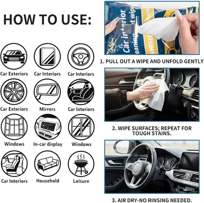 Car Interior Cleaning Wipes - Pre-Moistened Wet Wipes for Dashboard, Leather Seats, Console, Low-Residue Formula, Streak-Free Finish
