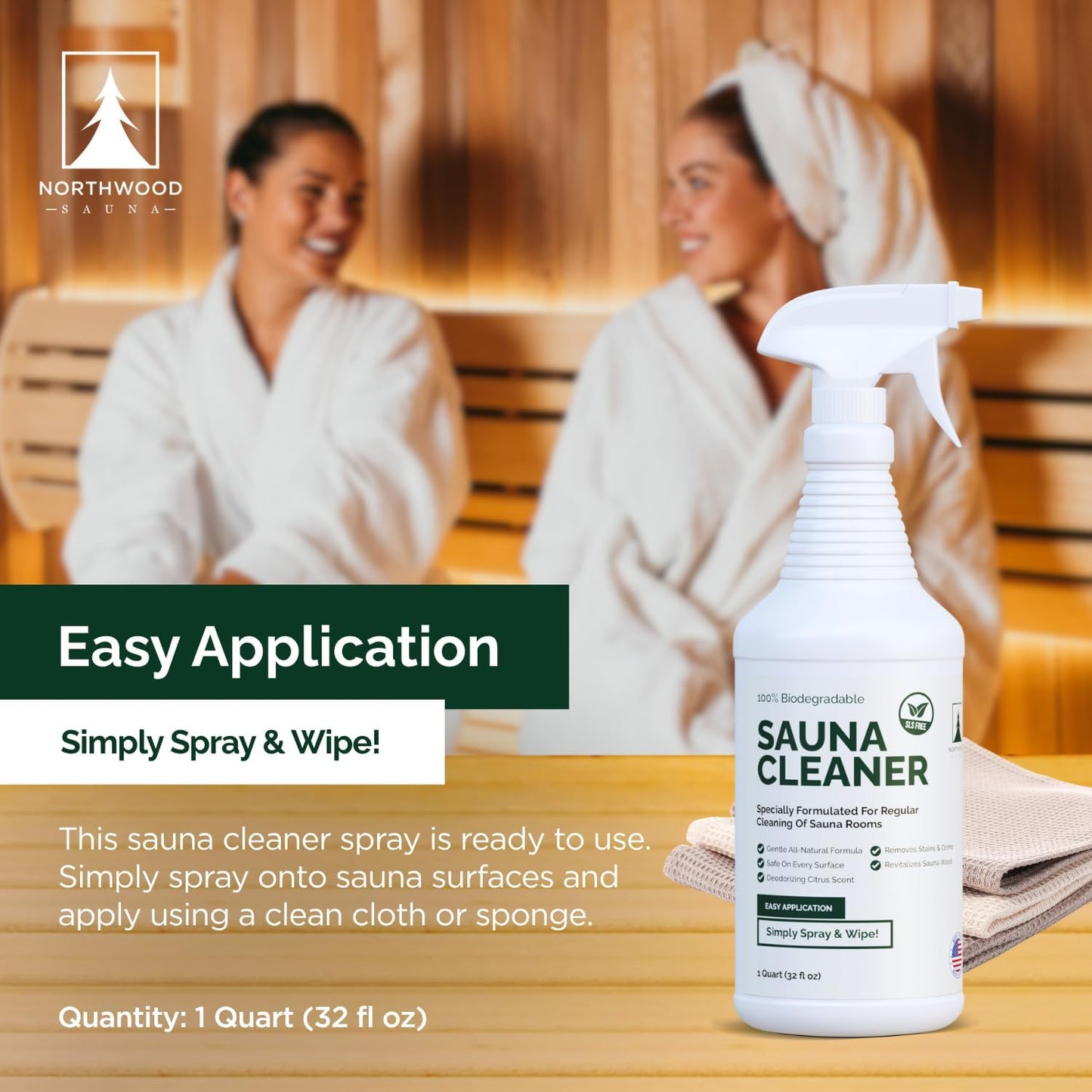 Northwood Sauna - Sauna Cleaner - Natural Wood Cleaner & Deodorizer - Ready-to-Use Spray - 1 Quart (32 Fl Oz)