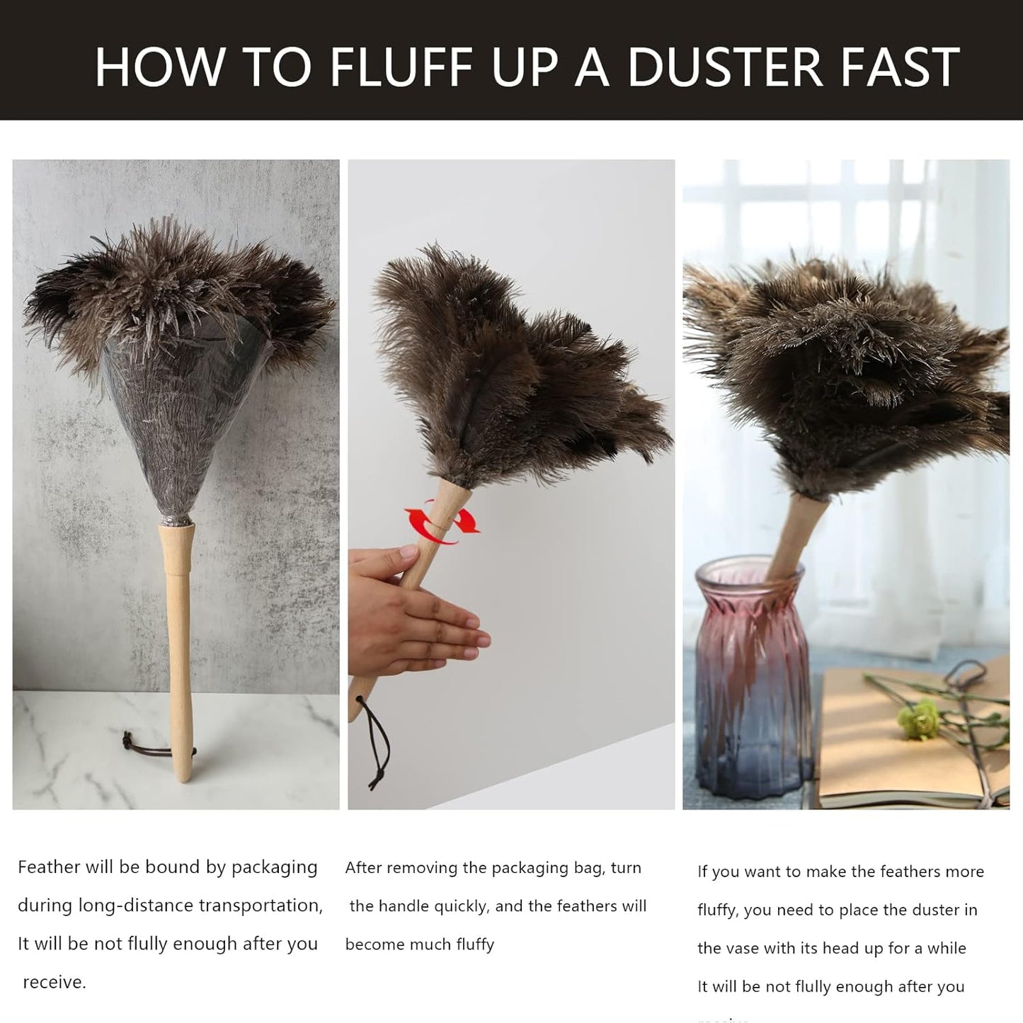 THARAHT 2PCS Ostrich Feather Duster 16 Inch Fluffy Natural with Wood Handle Reusable Washable for Cleaning Keyboard,Home,Car,Office Ostrich Feather Duster