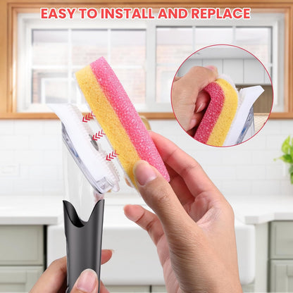 Soap Dispensing Replacement Dish Brush Storage Set with 10 PCS Sponge Refills & Holder - RIMAY Dispenser Scrub Cleaning Scrubber Kitchen Dishwashing Dish Wand Handle for Dishes/Pans/Pots/Sink(Yellow)