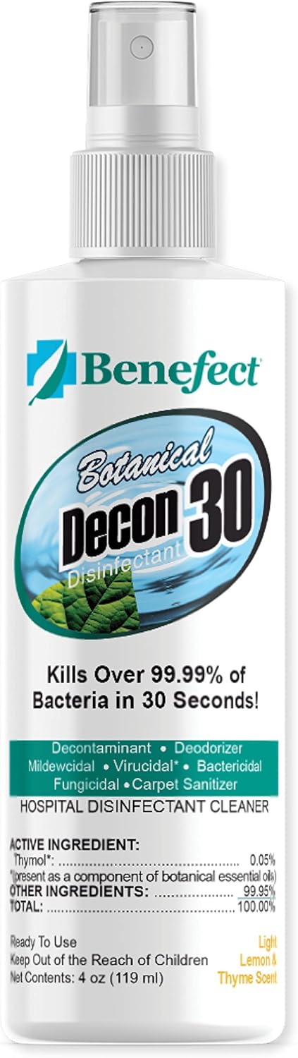 Benefect Botanical Decon 30 Disinfectant Cleaner, 4 oz. Spray Bottle, Light Lemon & Thyme Scent, Hospital Grade Disinfectant, Kills Over 99.99% of Germs, Safe for Food-Contact Surfaces (Pack of 4)