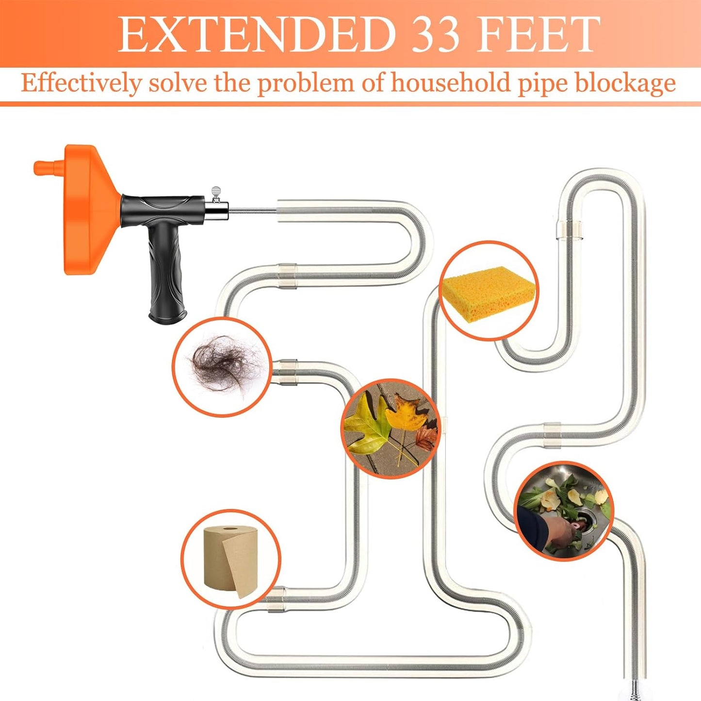 33 Ft Drain Snake Auger, Heavy Duty Plumbing Snake for Sink, Tub, and Shower, Clog Remover Drain Cleaner Tool with Gloves