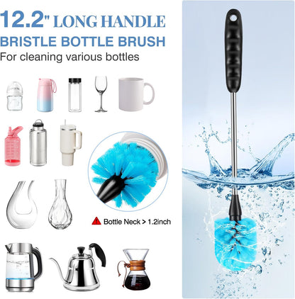 UNIFUN Water Bottle Brush Set, Long Handle 3-in-1 Stainless Steel Water Bottle Scrubbing Brush, Cleaning for Narrow Neck Bottles, Sport Bottles, Baby Bottles, Coffee Mugs, Tumblers, Flask(Short Size)