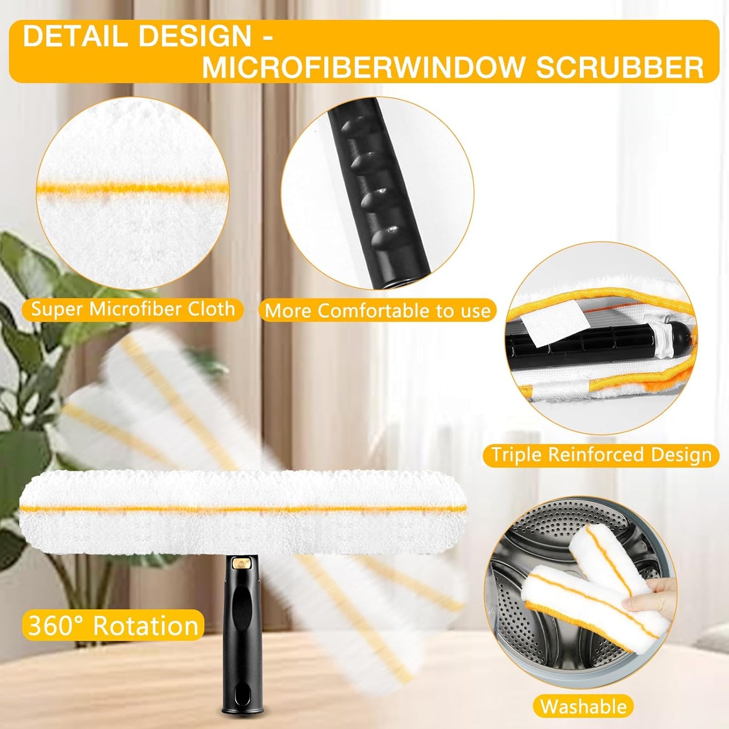 Window Cleaning Squeegee Kit- 14" Squeegee & Microfiber Rotatable Window Scrubber,All-Purpose Tile Shower Walls Window Glass Car Windshield Mirrors,Reusable Microfiber Sleeve