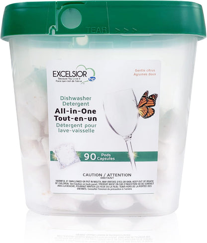 Excelsior HE All-In-One Dishwasher Detergent Pods includes 90 Dishwasher pods with built-in rinse aid for an amazing shine & leaving a gentle citrus scent