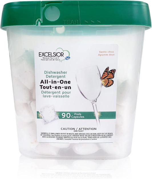 Excelsior HE All-In-One Dishwasher Detergent Pods includes 90 Dishwasher pods with built-in rinse aid for an amazing shine & leaving a gentle citrus scent