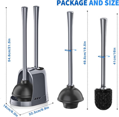 LOVLOY Toilet Plunger and Brush, Bowl Brush and Heavy Duty Toilet Plunger Set with Ventilated Holder, 2-in-1 Toilet Brush and Plunger Combo for 5.3-inch Toilet Drain Bathroom Cleaning (Black)