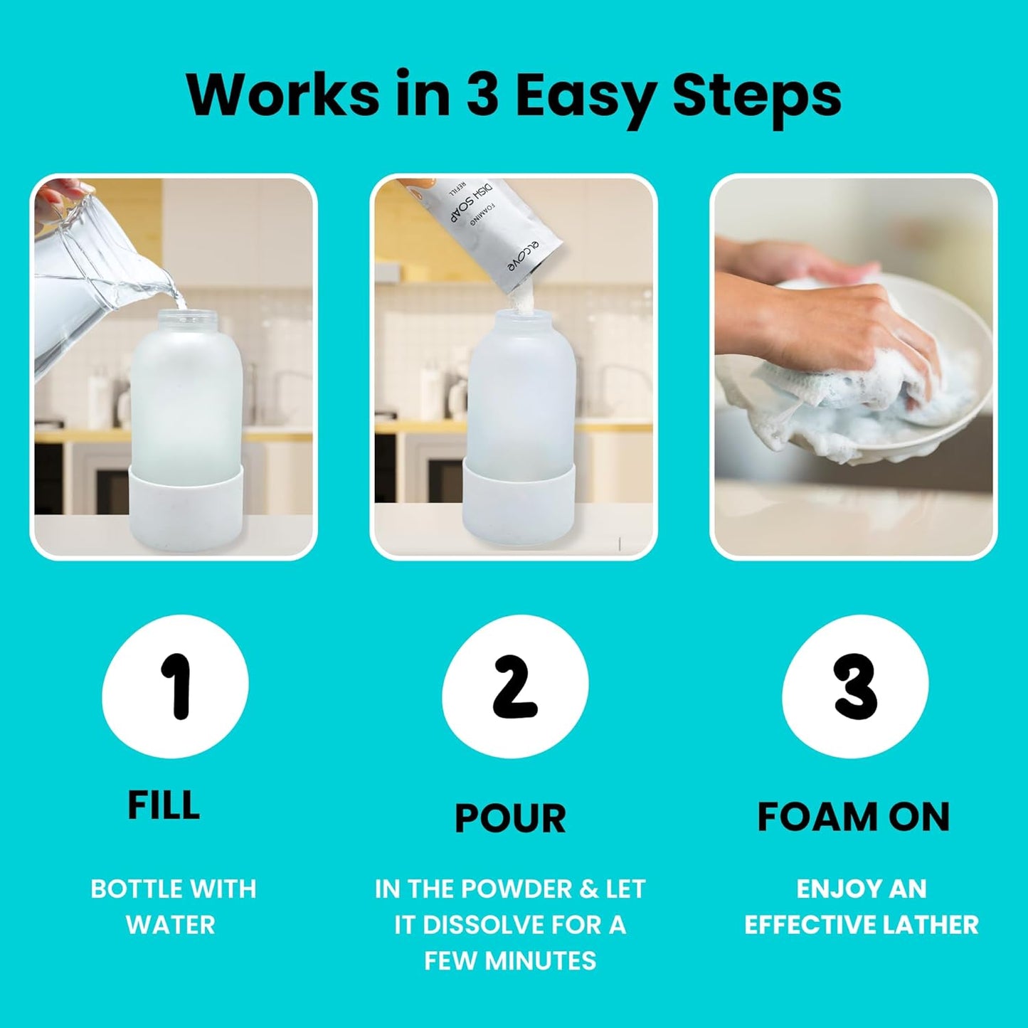 Foaming Dish Soap Refill Eco Friendly (5pk), Concentrated Powder Refills Make 5 Bottles x 12oz each of Non Toxic Dishwashing Soap or Dish Soap Spray, Plastic Free, Septic Safe