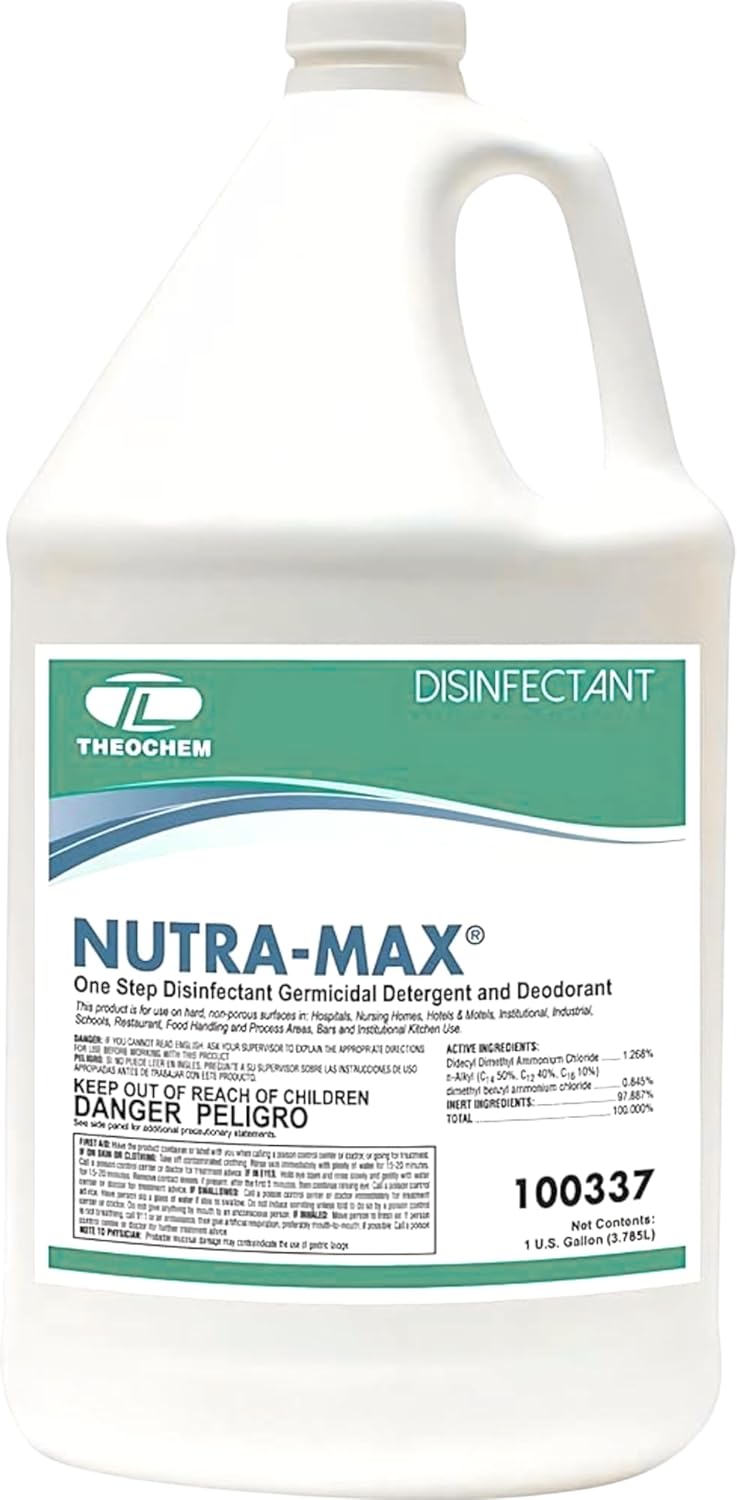 Nutra-Max Hospital Grade Disinfectant, EPA List N & G, Kills 99.9% Viruses & Bacteria, 1:32 Concentrate Makes 32 Gallons, Commercial Multi-Surface Cleaner For Home