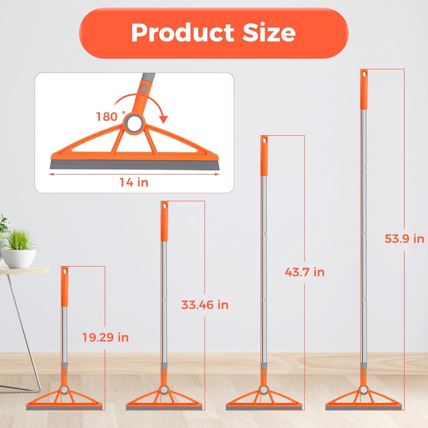 wlich 2-in-1 Air Broom, 180° Rotating 54 Inch Adjustable Silicone Rubber Broom Includes 2 Scraping Strips, Sweep and Silicone Tools with Long Handle for Cleaning Bathrooms,Glass,Tiles,Pet Hair