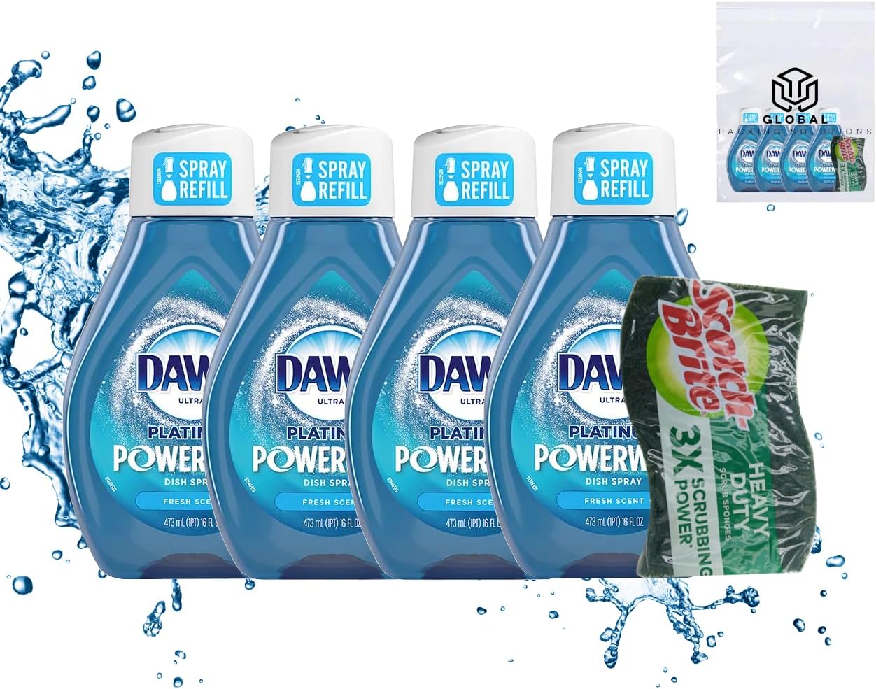 Dawn Platinum Powerwash Dish Soap Spray Refill Fresh Scent 4pk 16 Fl Oz bundled with Heavy Duty Scotch Brite Sponge