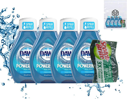 Dawn Platinum Powerwash Dish Soap Spray Refill Fresh Scent 4pk 16 Fl Oz bundled with Heavy Duty Scotch Brite Sponge